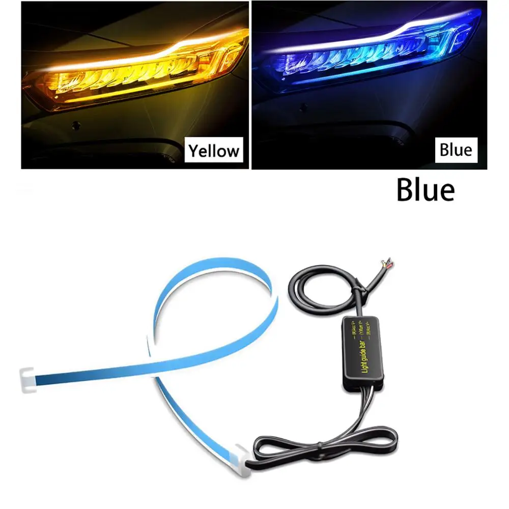 Blue-Yellow 2X ультратонкая Автомобильная DRL светодиодная лента, дневной ходовой светильник, автомобильная Поворотная сигнальная направляющая лента, головной светильник в сборе, DRL полоса - Цвет: Blue-Yellow