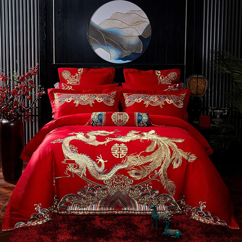 

New Luxury Gold Long Phoenix Embroidery Red 100% Cotton Wedding Bedding Set Duvet Cover Bed Sheet/Bedspread Pillowcases 4/6/9Pcs