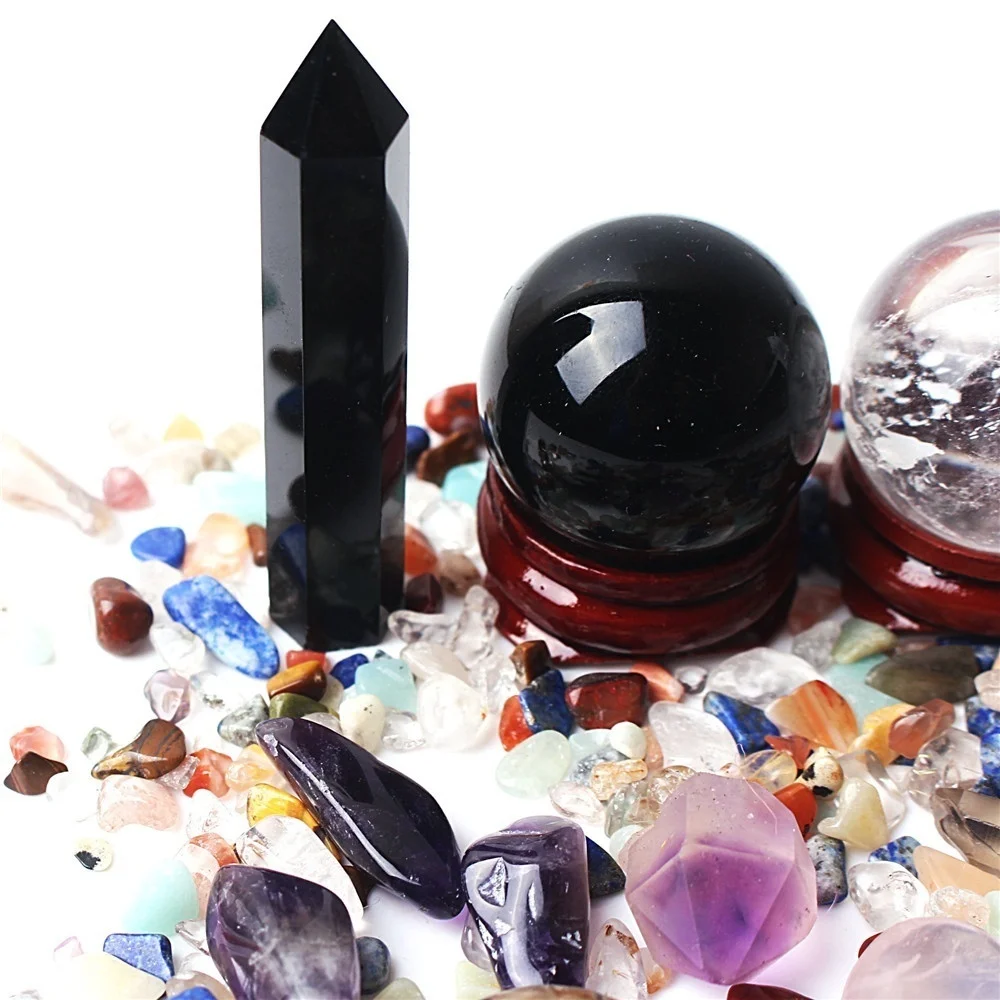 Красочные чакры кварцевый кристалл обелиск шар и гравий минеральные образцы