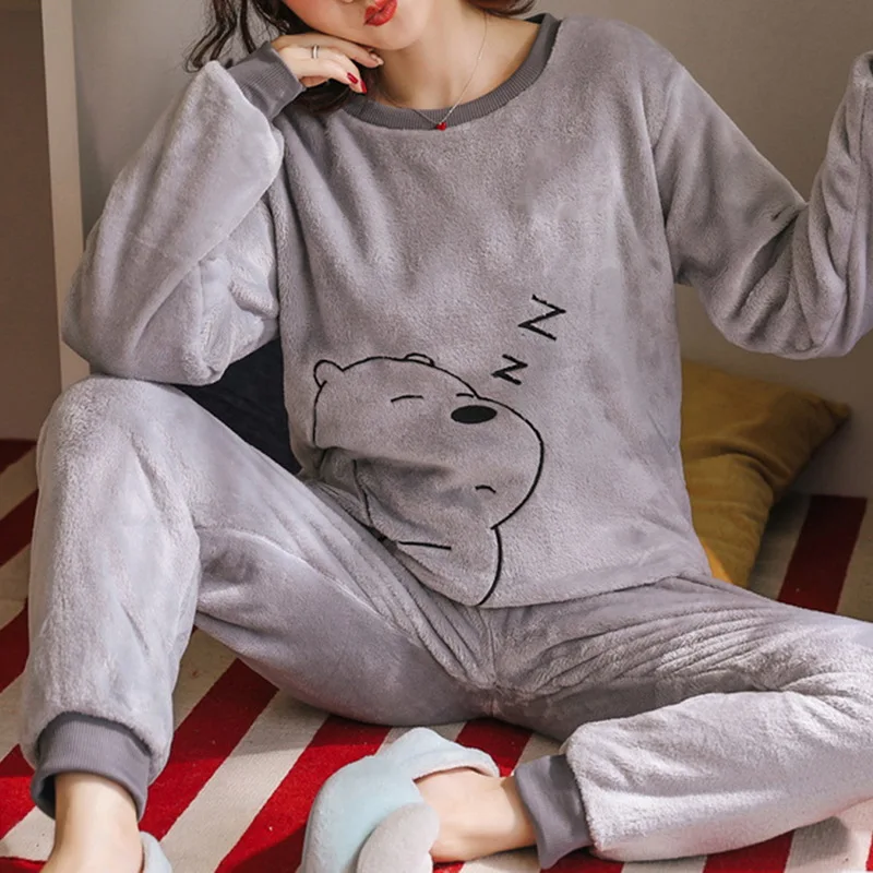

Autumn Winter Women Pyjamas Sets Pajamas Sleepwear Suit Thick Warm Coral Flannel Nightgown Female Cartoon Animal
