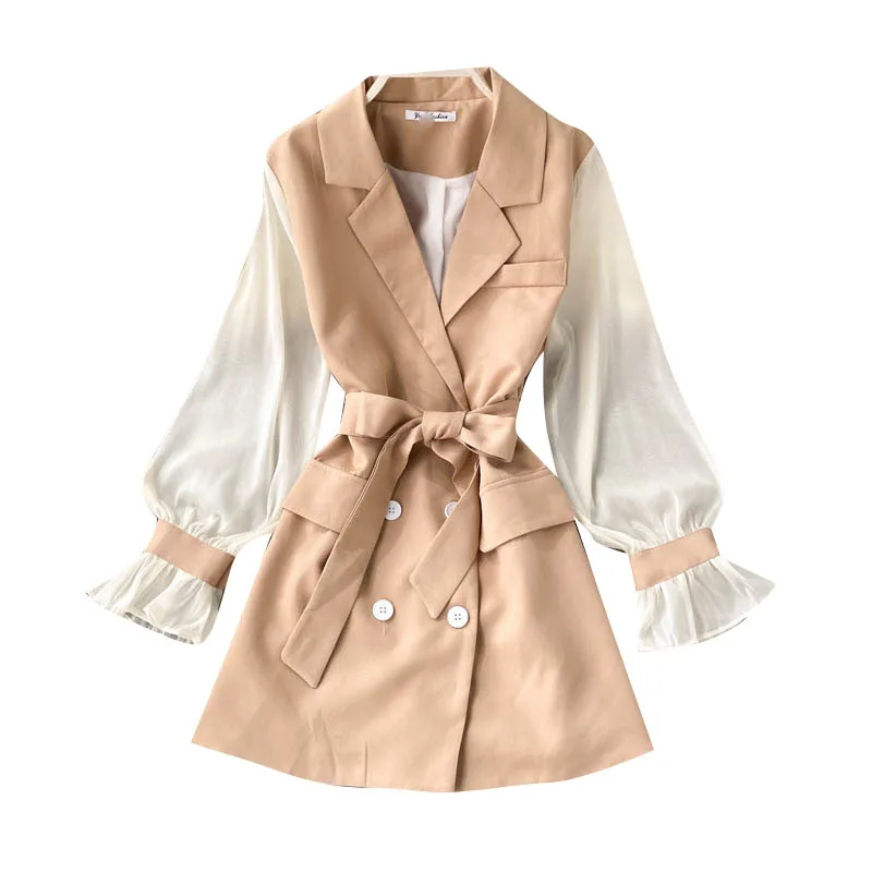 

Light mature style dress autumnWomen2021 new female retro double-breasted lace-up waist temperament suit collarMini short dress