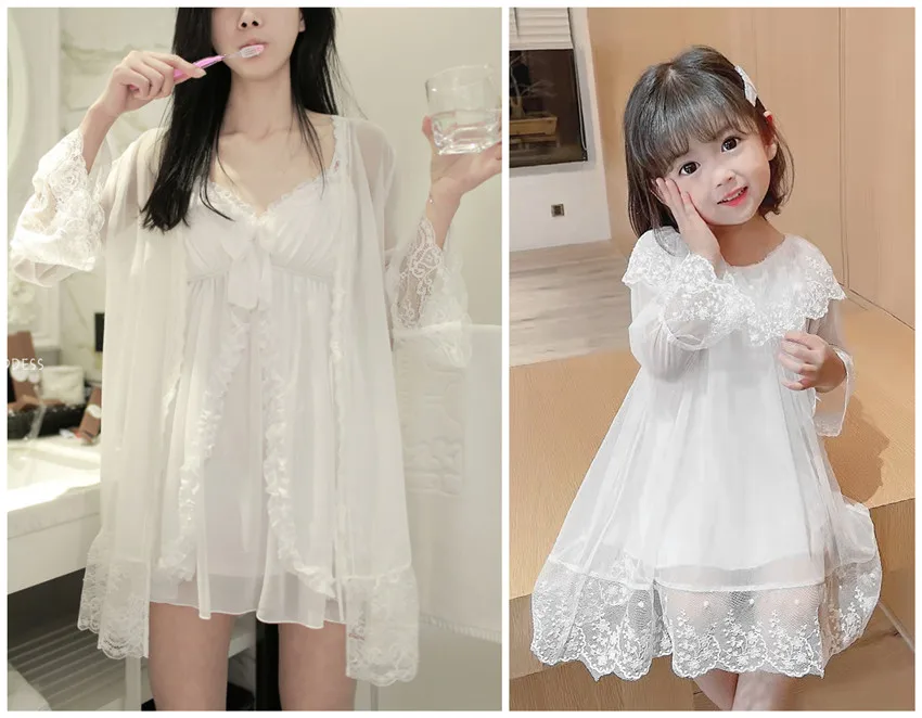 

Mother And Daughter Nightgown Lace Flower Autumn Winter Sleepwear For Girls Nightdress Cotton Long Sleeve Matching Christmas Paj