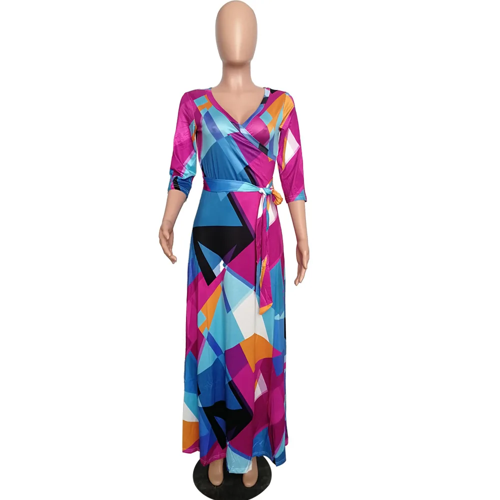 

2021 Woman Dress Fashion Newest Deep V-Neck Print Office Lady High Waist