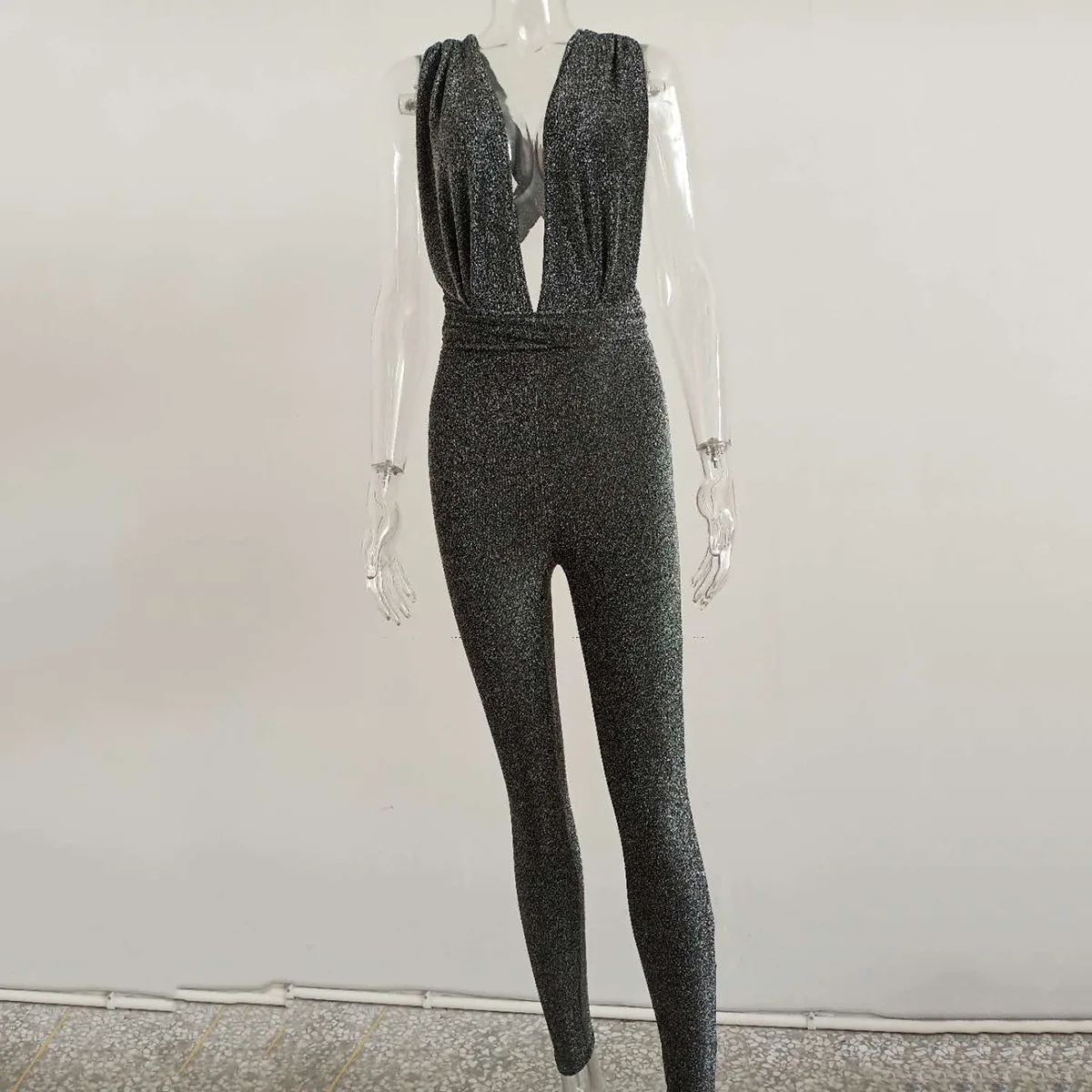 

Autumn Party Sexy Shiny Deep V Neck Backless Bandage Rompers Women Jumpsuit Slim Club One Piece Bodycon Overalls Women Jumpsuit