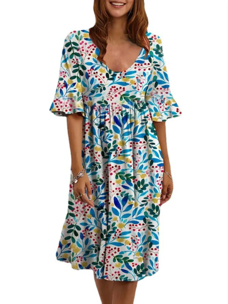 

Print Dress women Round Neck Sleeves A-Line Dresses High Waist Robe Femme Fashion Vestidos Sexy Streetwear Women