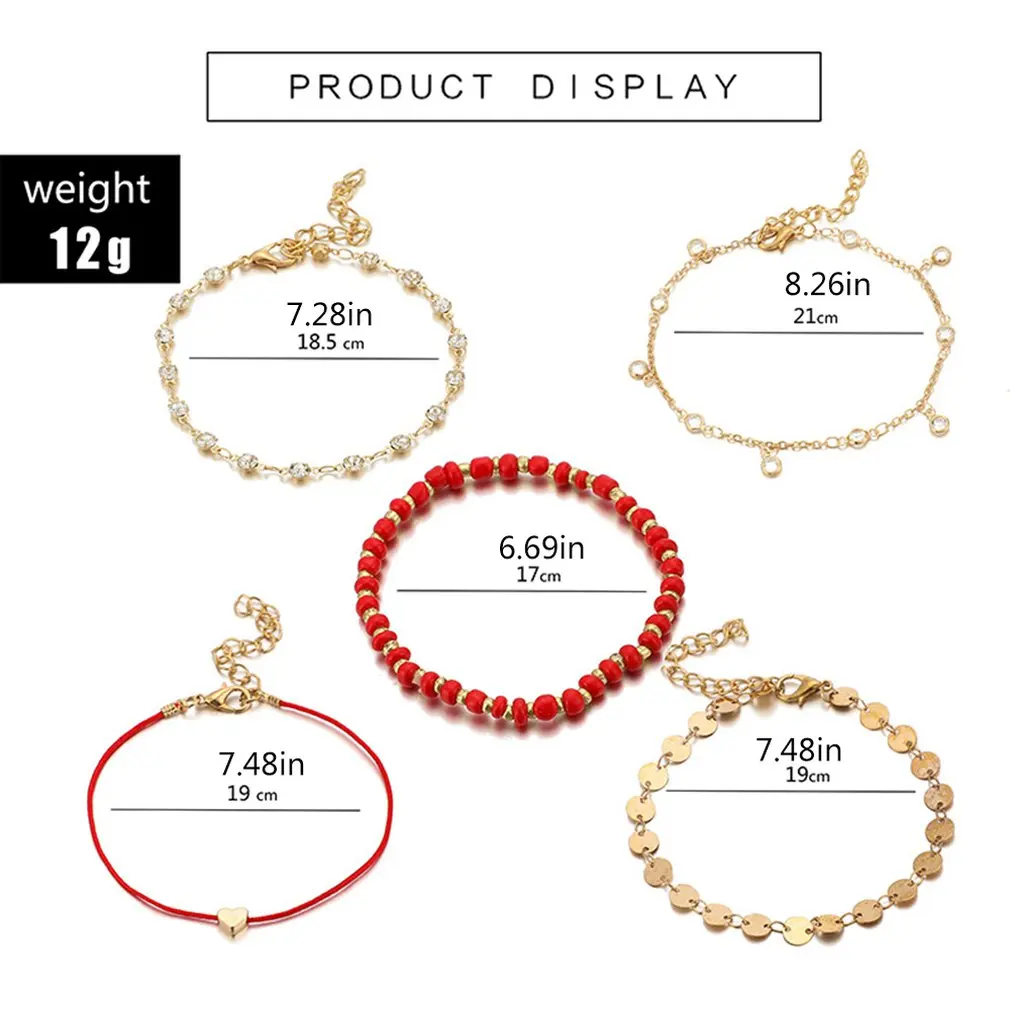 

New Wire Rope Braided Chain Alloy Heart-shaped Disc Multilayer Anklet 5-piece Set Sieraden Mode Stijl Enkelbanden Voor Vrouwen