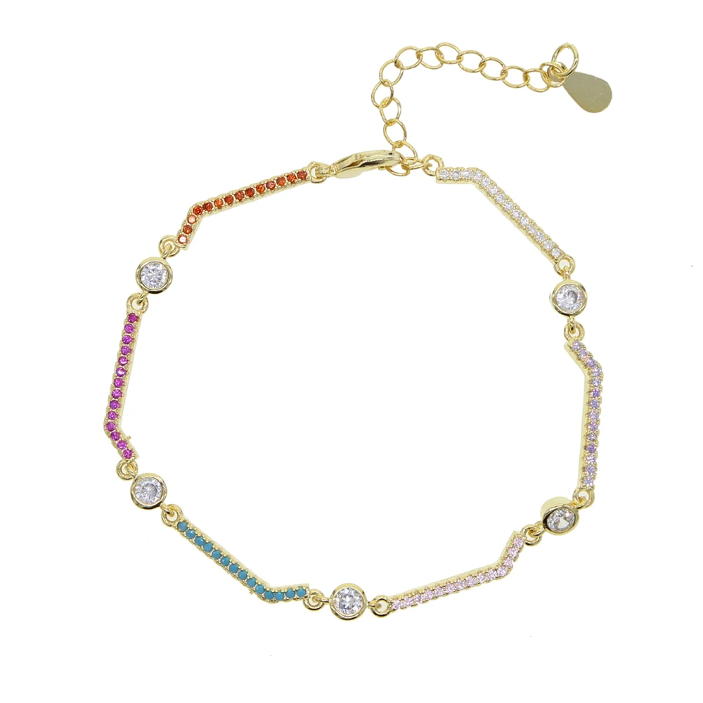

rainbow colorful cz curved bar bezel cz link chain bracelet colorful jewelry