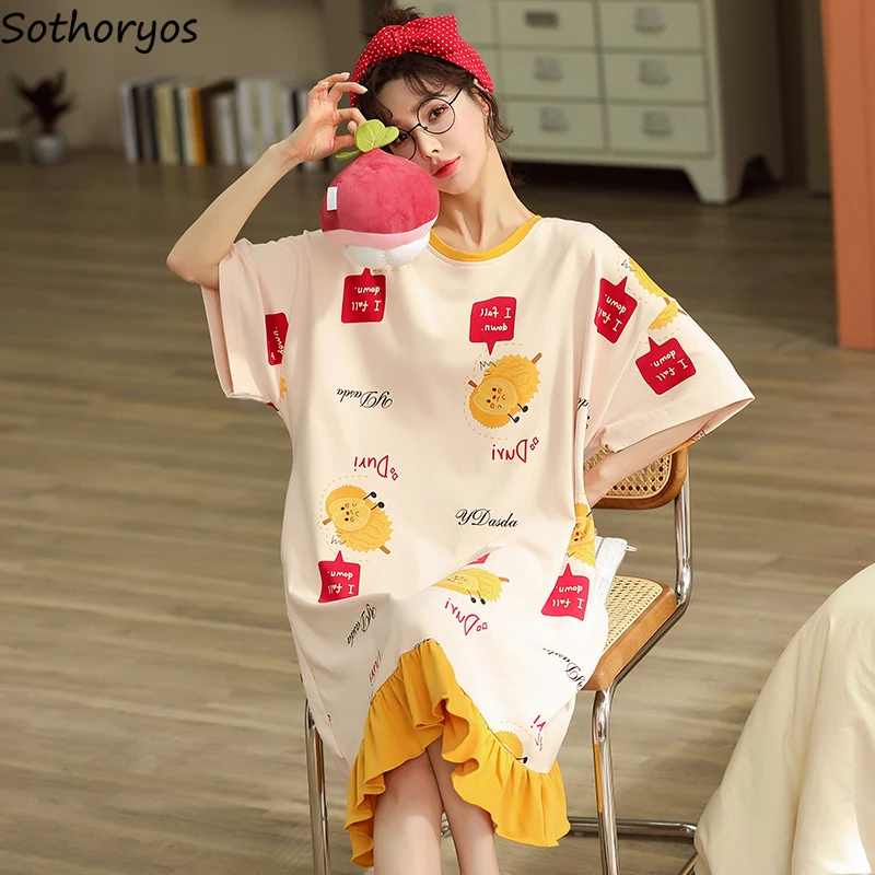 

Nightgowns Women Mid-calf Cozy Kawaii Printed Loose Plus Size M-3XL Simple Soft Sleepwear Skin-friendly Korean Summer Students