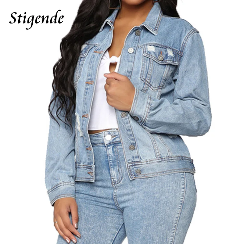 

Stigende Turn Down Collar Ripped Denim Jacket Women Patchwork Button Jeans Coat Casual Autumn Long Sleeve Pocket Hole Crop Top
