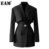 eam women temperament spliced big size blazer new lapel long sleeve loose fit jacket fashion tide spring autumn 2021 1dc128