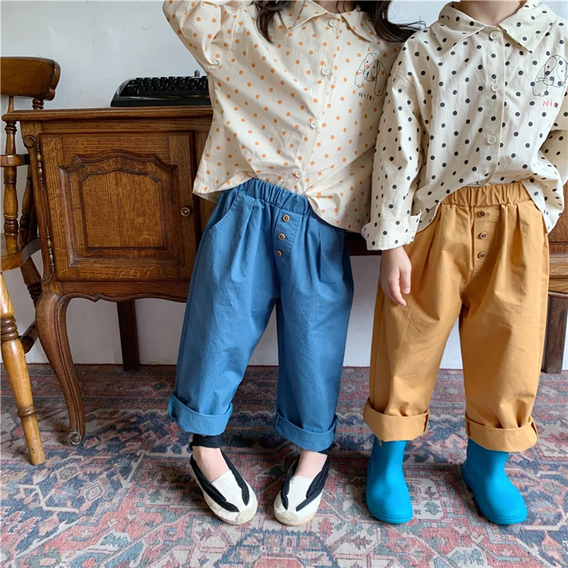 

Spring autumn unisex kids solid color button decoration casual pants boys girls cotton loose canvas trousers