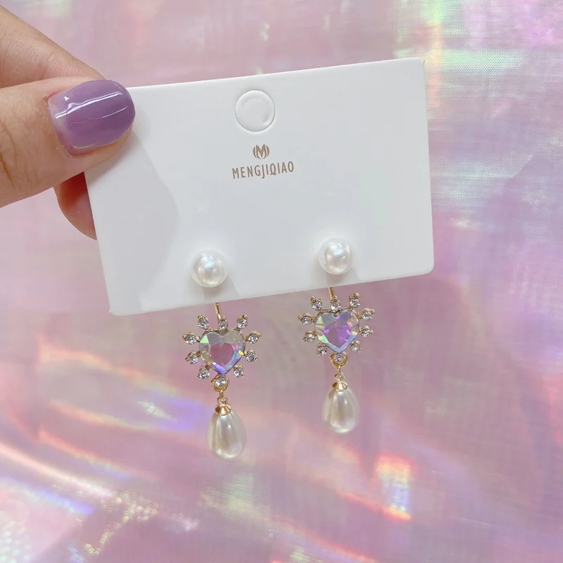 

MENGJIQIAO Korean Shiny Colorful Crystal Heart Waterdrop Pearl Drop Earrings For Women Party Fashion Luxury Pendientes Jewelry