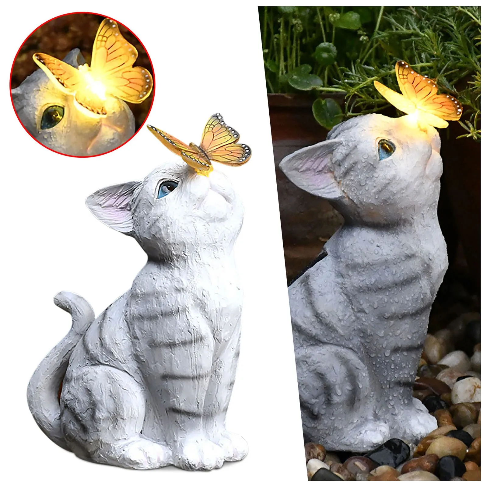 

Personalized Garden Statue Balcony Cute Cat Decoration Solar Furnishings Ornament Led Butterfly Lamp Home Decor Sculptures
