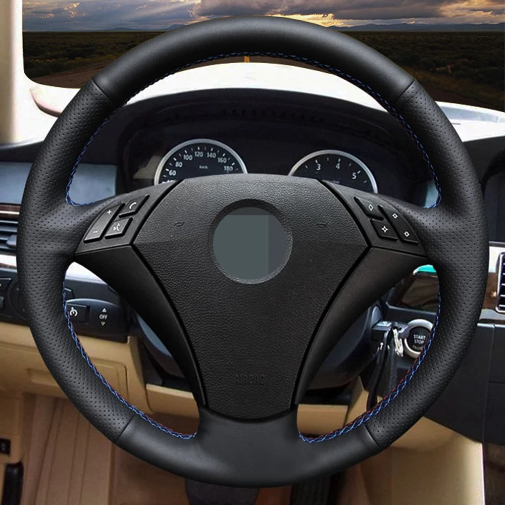 

DIY Black Genuine Leather Car Steering Wheel Cover For BMW E60 Sedan 530d 2003-2009 E61 Touring 2004 2005 2006 2007 2008 2009