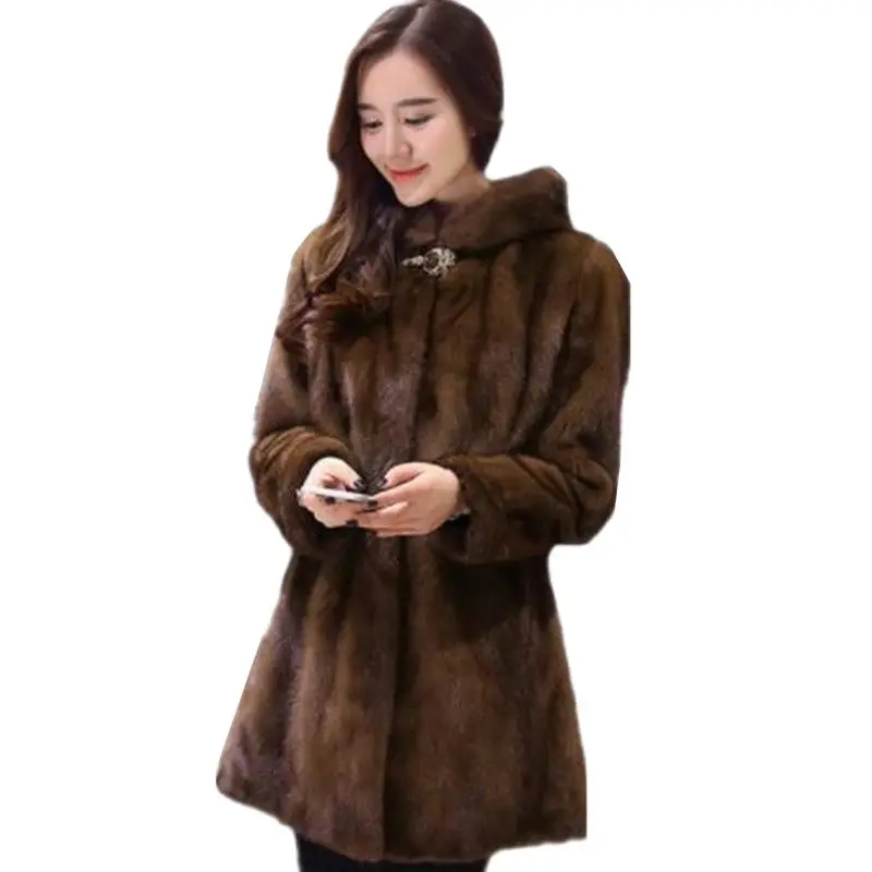 Модная женская куртка с капюшоном пальто мехом Элегантный high-end имитация норки