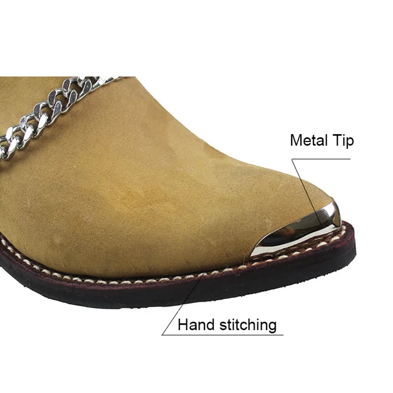 

100% Cow Genuine Leather Boots Ankle Pointed Metal Toe Motorcycle Boots Man Punk Cowboy Boots Military with Chains, Sizes 38-46