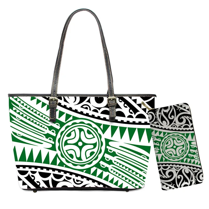 

Hawaii Tribe Style 3D Print Handbags Wallet Set Polynesia Shoulder Bags PU Leather Tote Bag Stylish Large Capacity Female Bag