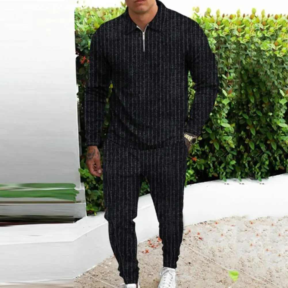 

Воздухопроницаемый стильный спортивный костюм в полоску с длинным рукавом, приятный для тела топ и брюки, костюм с отложным воротником для ...