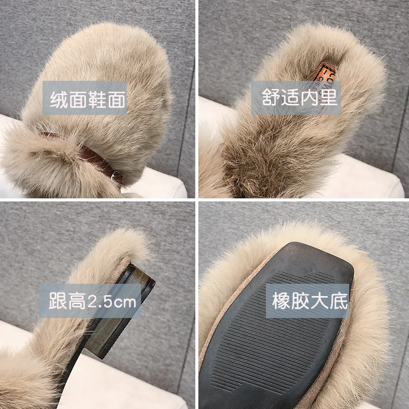 

Square Toe Shallow Slippers Casual Low Flock Female Shoes Fur Flip Flops Slides Mules For Women 2021 Luxury New Plush Flat