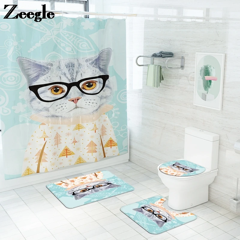 

Non-slip Floor Carpet for Toilet Carpet Mat Set Cartoon Style Bath Mat Bathroom Carpet Rug and Waterproof Shower Curtain Set