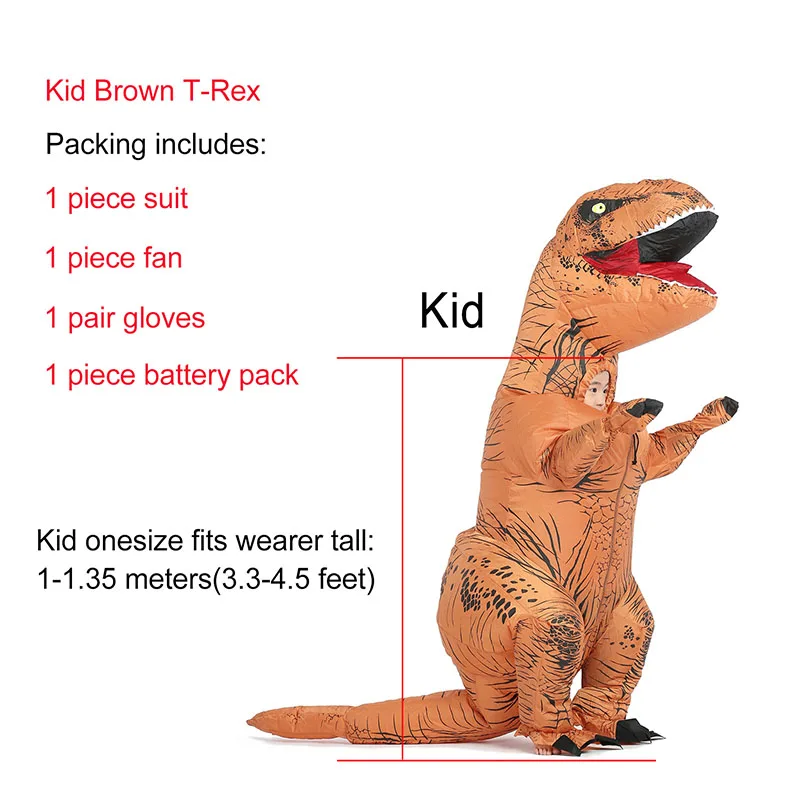 Kid Brown T-rex JYZCOS взрослый T REX надувной костюм динозавра Хэллоуин партии Косплей Костюм для женщин мужчин детей Карнавальный костюм - Цвет: Kid Brown T-rex