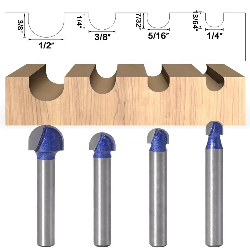 1/4Pcs 1/4 Shank Professional level Ball Nose Router Bits Set End Mill Round Cove Box Solid Carbide CNC Radius Core Milling Bit |