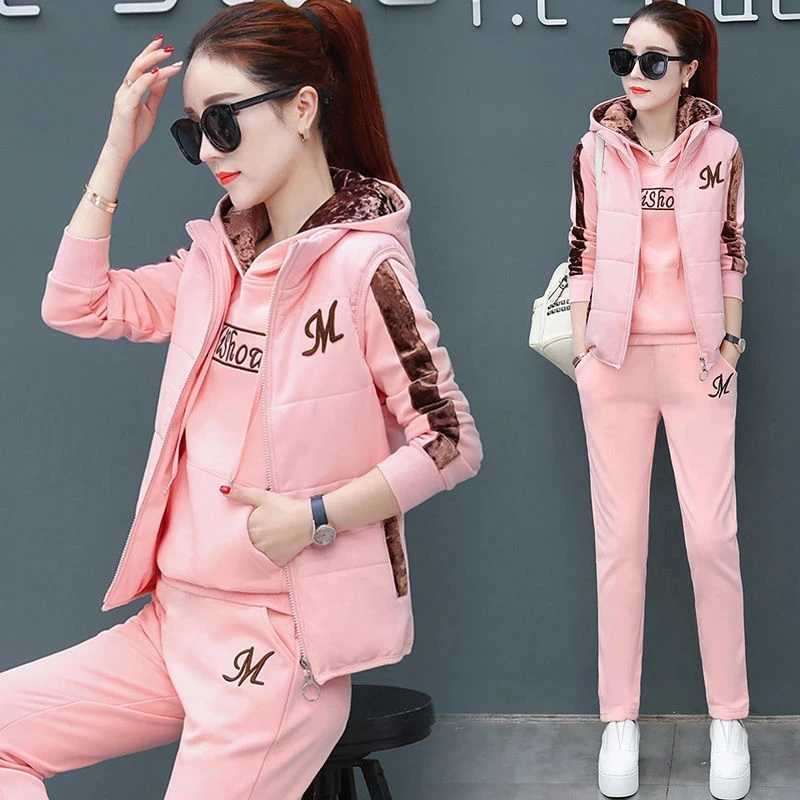 

Women Suit Tracksuit Winter 2/3 Piece Set Hoodies+Vest+Pants Casual Suit Plus Velvet Warm Sporting Women's Suits Female Clothes