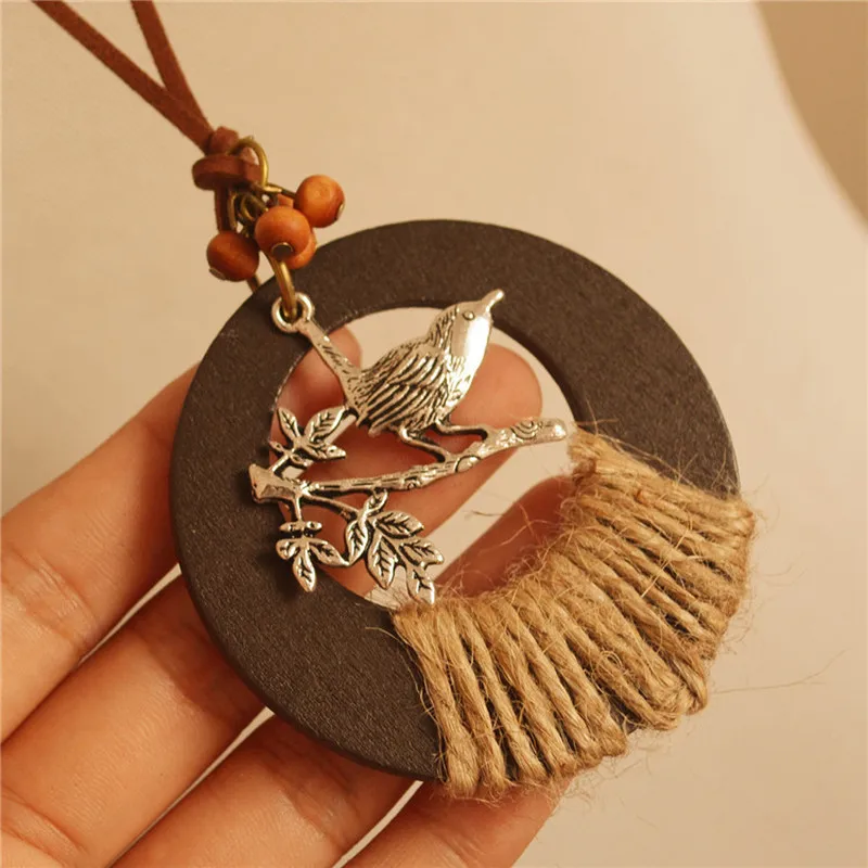 Винтажный этнический стиль круглые деревянные бусы птица пеньковая веревка