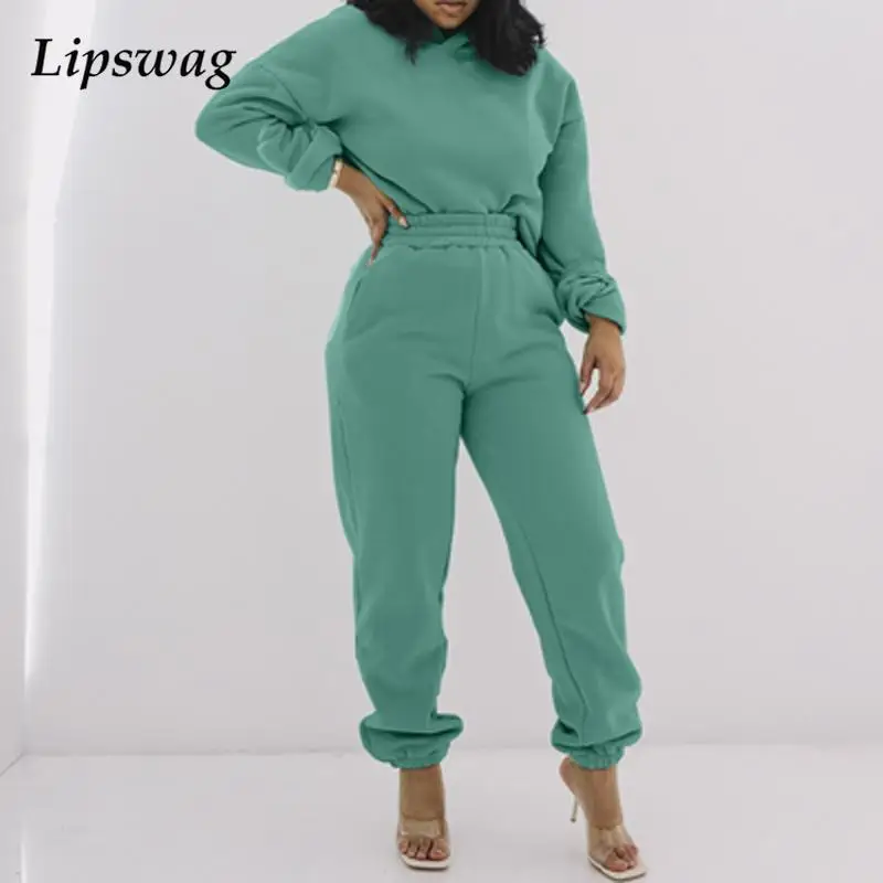 

Женский спортивный костюм, осенне-зимний комплект из двух предметов, элегантный свитшот с капюшоном и штаны с высокой талией, повседневный ...