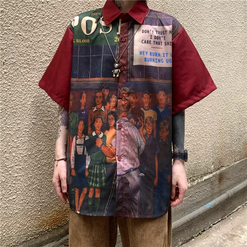 

Summer Short-Sleeved Blouses Women 90s Vintage Hand-Painted Portrait Printed Loose Boyfriend Harajuku Streetwear Casual Shirt