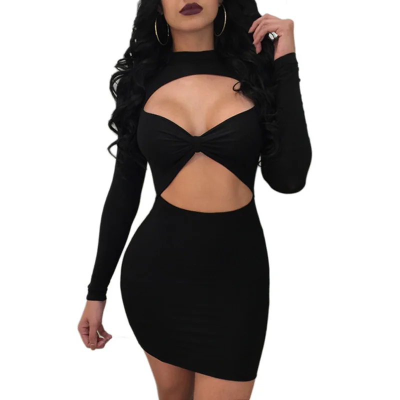 

Sexy Long Sleeve Black Bodycon Dress Women Spring Autumn Hollow Out Bandage Dress Club Wear Party Mini Dress Vestidos Femininos