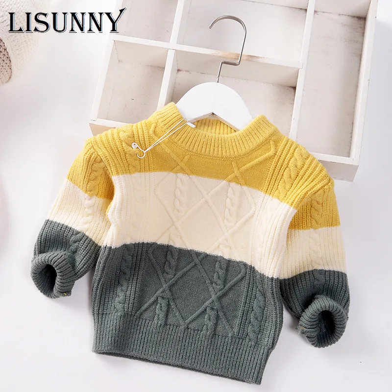 

Autumn Winter 2022 Baby Boys Sweater Children Knitted Clothes Kids Pullover Jumper Toddler Coat Spliced Stripe Sweaters 1-5Y