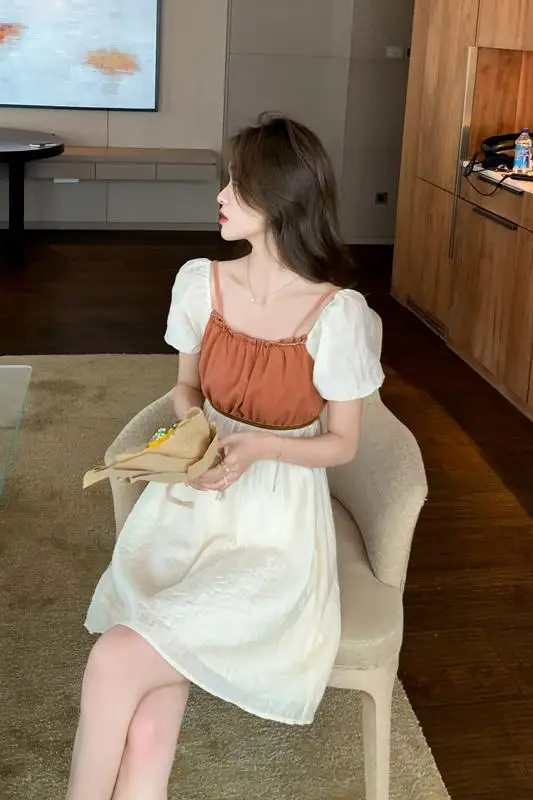 

COIGARSAM French Style Women dress New Summer Puff Sleeve Square Collar High Waist Dresses Apricot Long 1825 1860