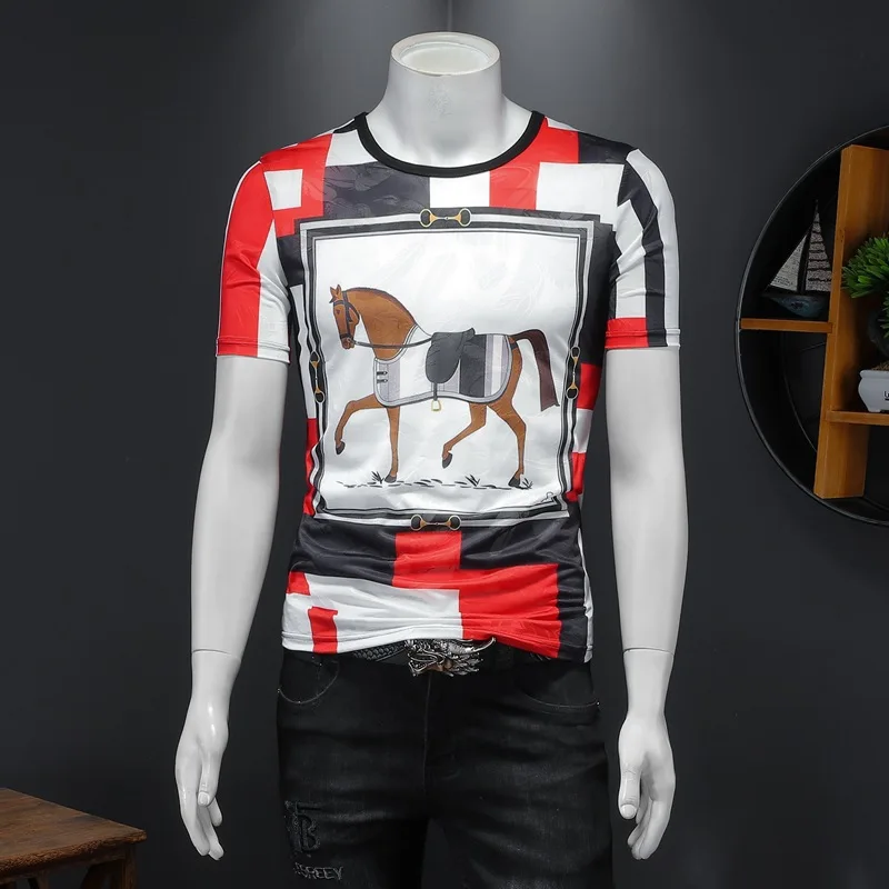 

Huishang New European Station Tide Brand Summer Ins Direct Injection Line Hot Drilling Net Red Short-sleeved T-shirt Men