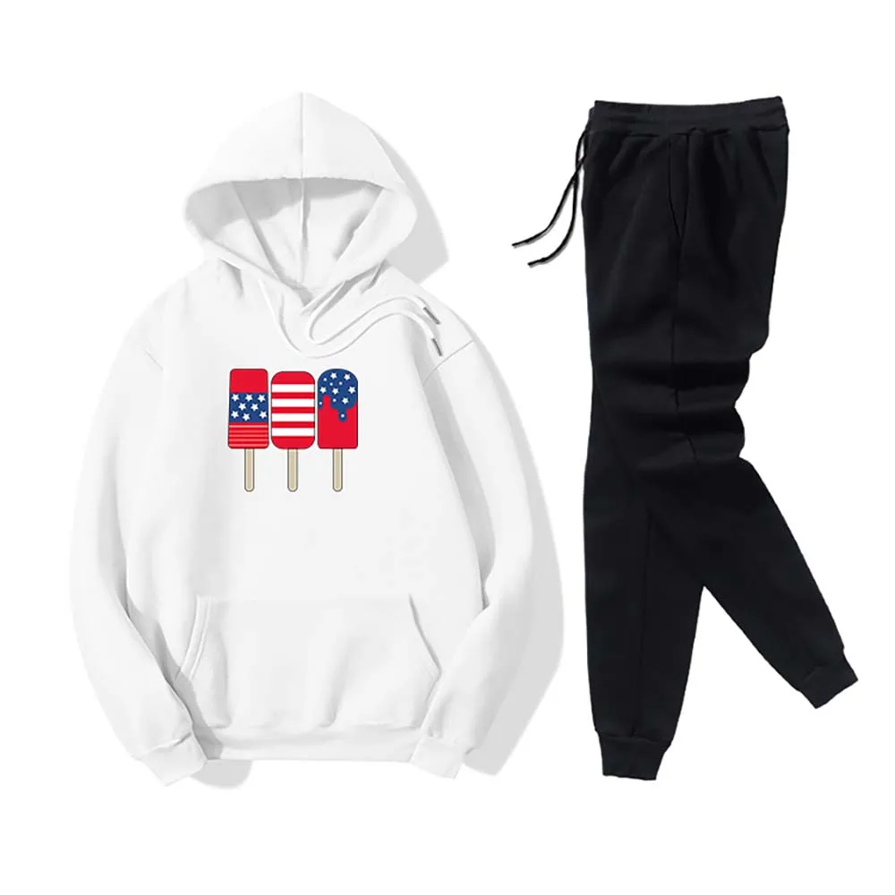 

Sweatshirt Women 2020 Joggers 2 Piece Sets Hooded Pullover Bandage Black Pants Ice-Cream Print Tracksuit Outfits Autumn Winter