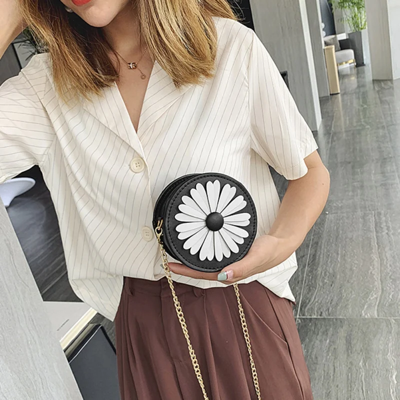 Женская сумка кошелек модная новинка персональности корейского ретро маленькая маргаритка плечевая сладкая цветочная молния круглая цепочка сумка!