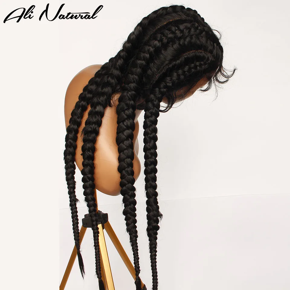 Peluca de cabello trenzado para mujeres negras, peluca de cabello sintético con caja afroamericana, color negro, con 4 cajas largas trenzadas, 360 de encaje, venta al por mayor