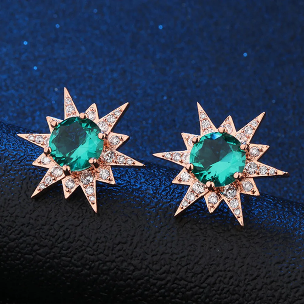 Серьги гвоздики с рубиновым Изумрудом и бриллиантами в форме звезды женские