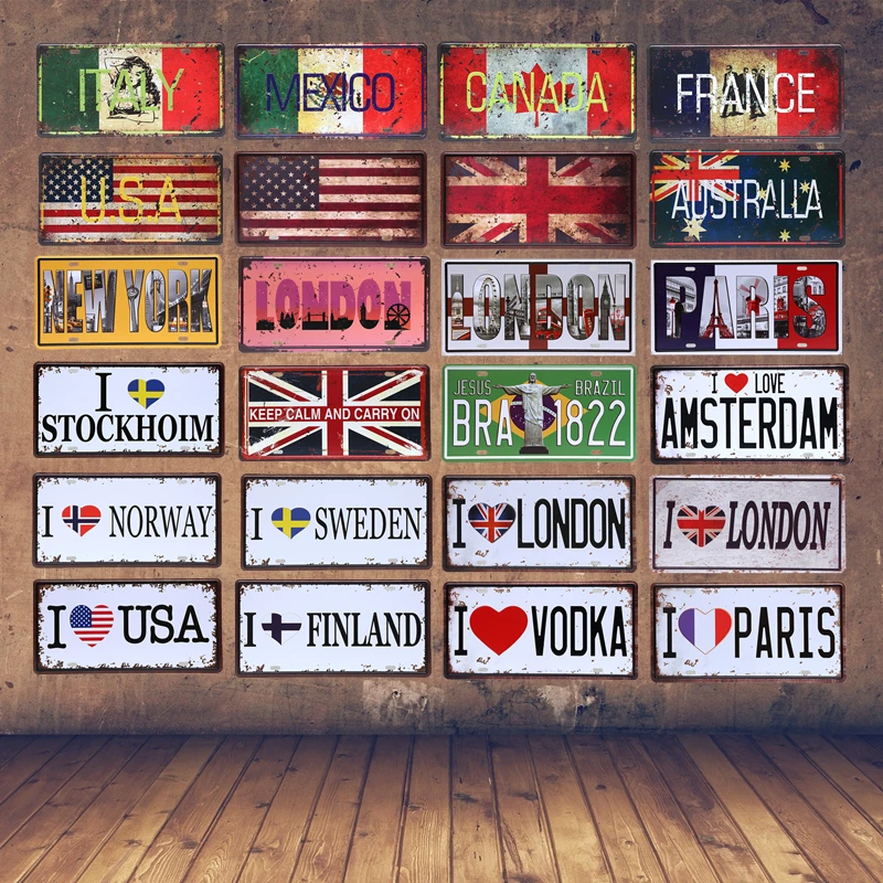 

Italy/Mexico/Canada/France/Australia/London/Brazil Metal Tin Sign Poster Car License Plate Vintage Wall Art Home Bar Decor