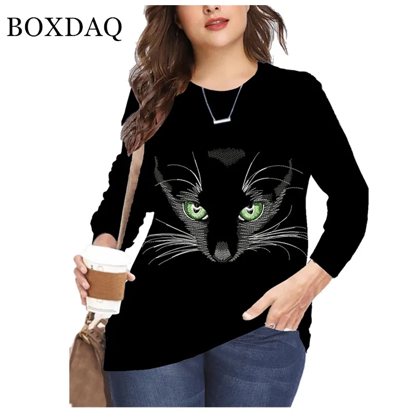 

5XL 6XL Big Size Autumn Casual Ladies Tunic Tees Tshirts Women Harajuku Funny Cute Cat 3D Print Long Sleeve T Shirt Fashion Tops