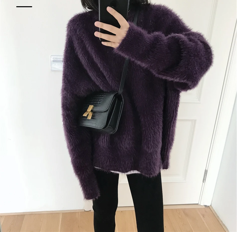 

JSXDHK Lazy Style Vintage Autumn Winter Loose Purple Sweater Fashion Women Mohair Knitted Thick Warm Soft Pullovers Chic Female