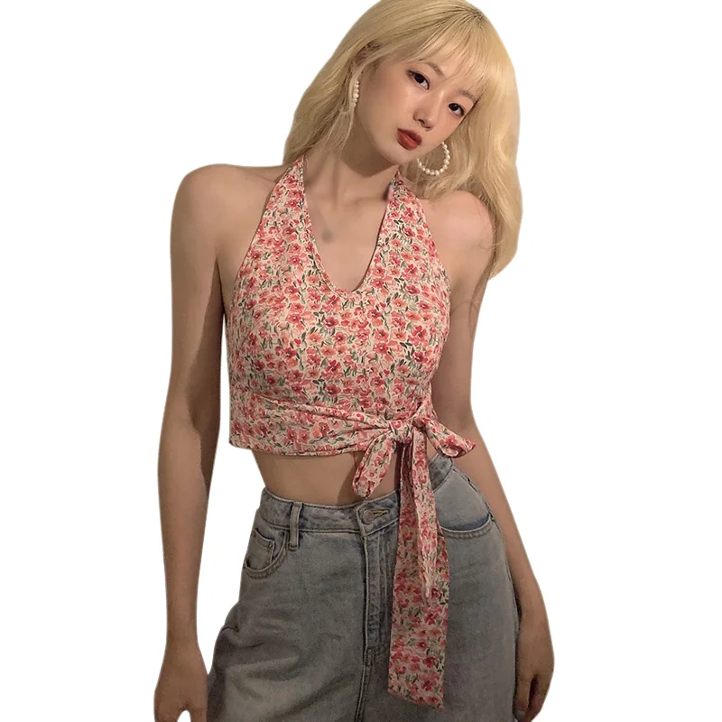 Модная женская Милая майка с цветочным принтом летние Сексуальные облегающие