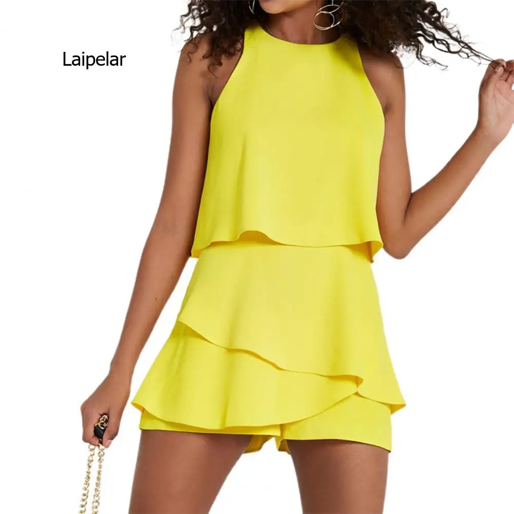 

Women Jumpsuit Matching Sets Solid Color Loose Streetwear Women Sleeveless Fake Two Pieces Playsuit Short Sets Summer