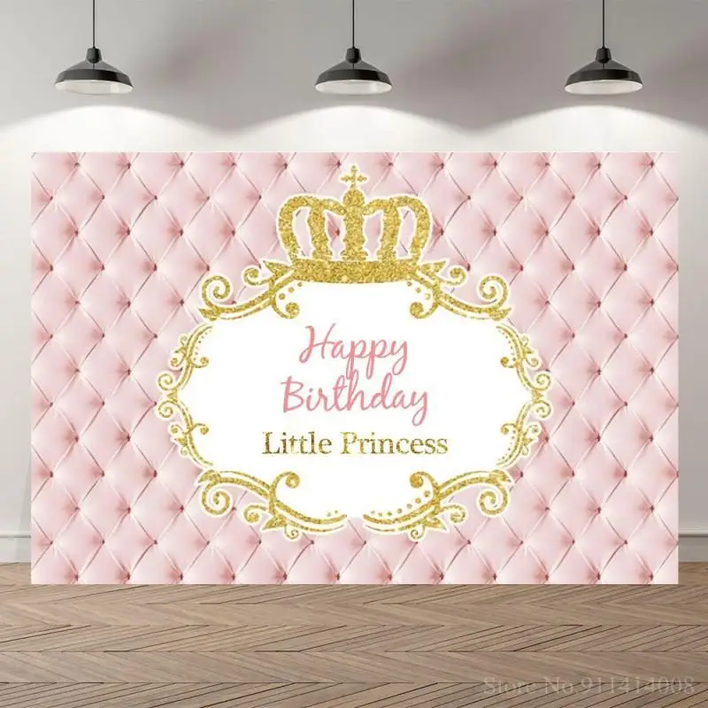 

Pink Headboard Gold Crown Happy Birthday Princess Girls Baby Shower Custom Photography Studio Background Backdrop