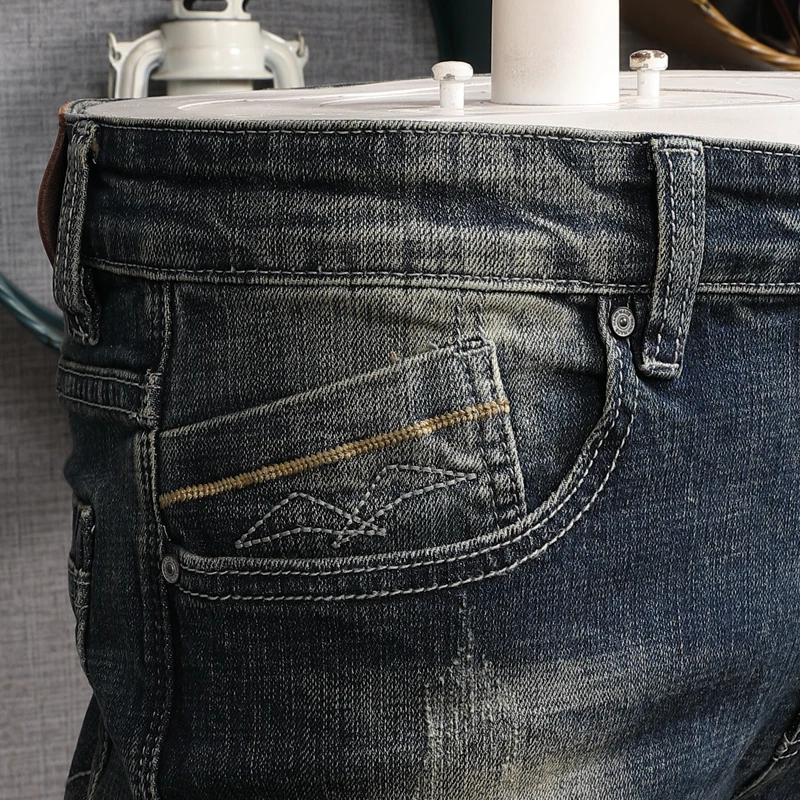 Classic Vintage Distressed Ripped Jeans Men Cotton Slim Fit Retro Blue Denim Pants