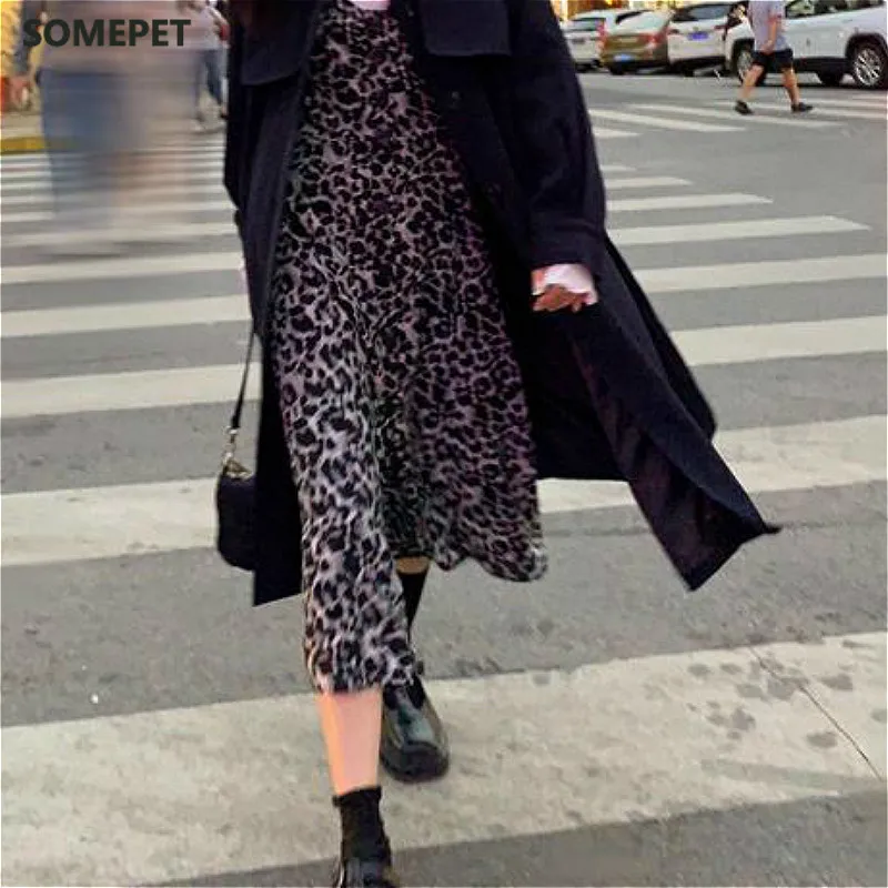 

Dresses Women A-line Loose Ladies Casual V-neck Korean Style High Street Fashionable Popular Spring Students Vintage Leopard New