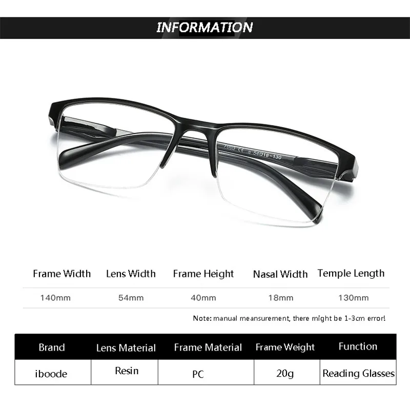 

iboode Half Frame Reading Glasses Presbyopic Eyewear Male Female Far sight Glasses Ultra Light Black with strength +75 to +400