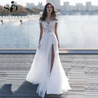 Платье Свадебное шифоновое ТРАПЕЦИЕВИДНОЕ с разрезом спереди, аппликацией и открытыми плечами