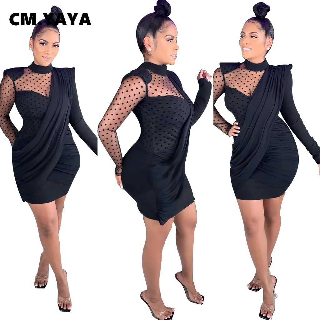CM.YAYA Women Autumn Mesh See Though Bodycon Midi Dress Long Sleeve Pencil Bandage Drapped Sexy Party Night Club Dresses | Женская