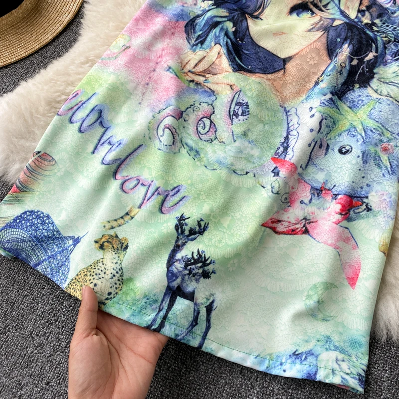 

Fashion Ladies Spring Summer Dress Women Party Dresses Vestidos Cartoon Printed Mesh Short Sleeve Elegant Woman Dress SL374